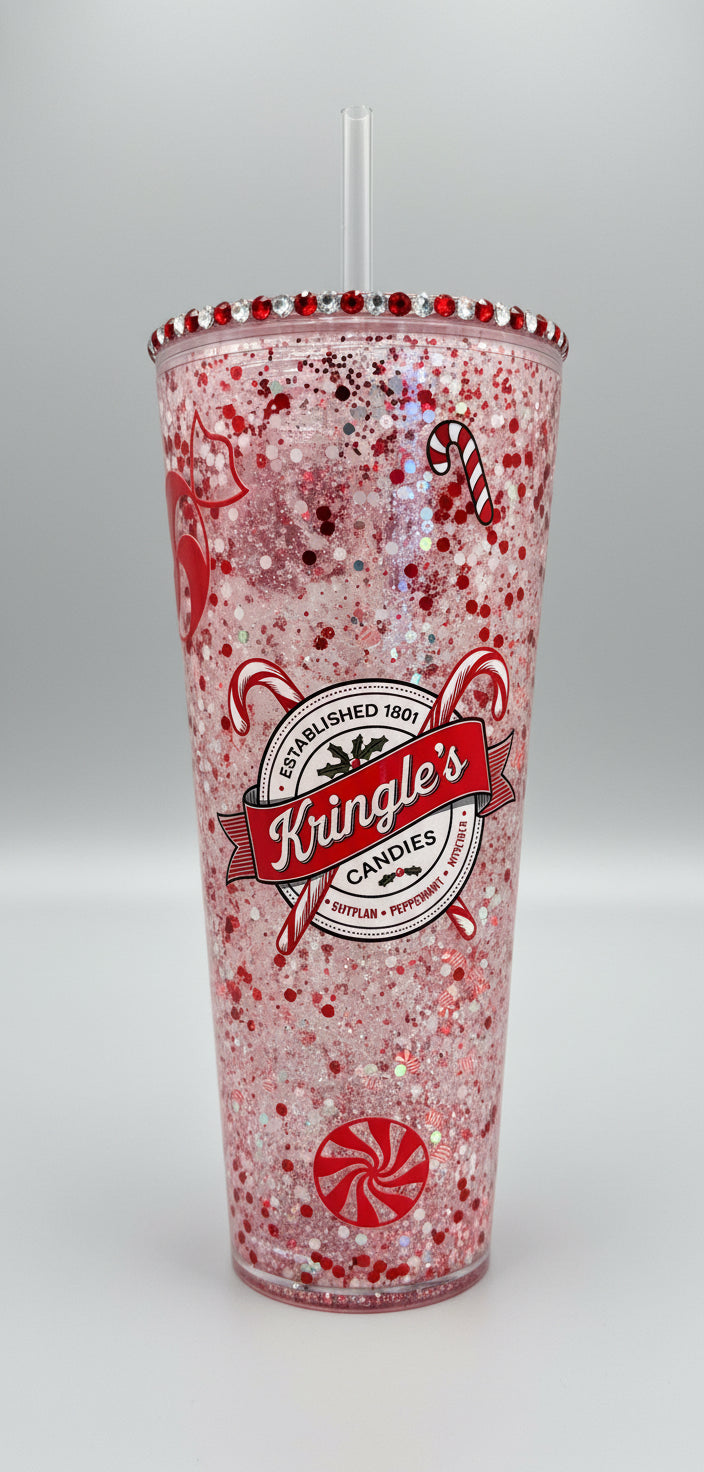24oz "Kringle's Candies" Candy Cane Snow Globe Tumbler