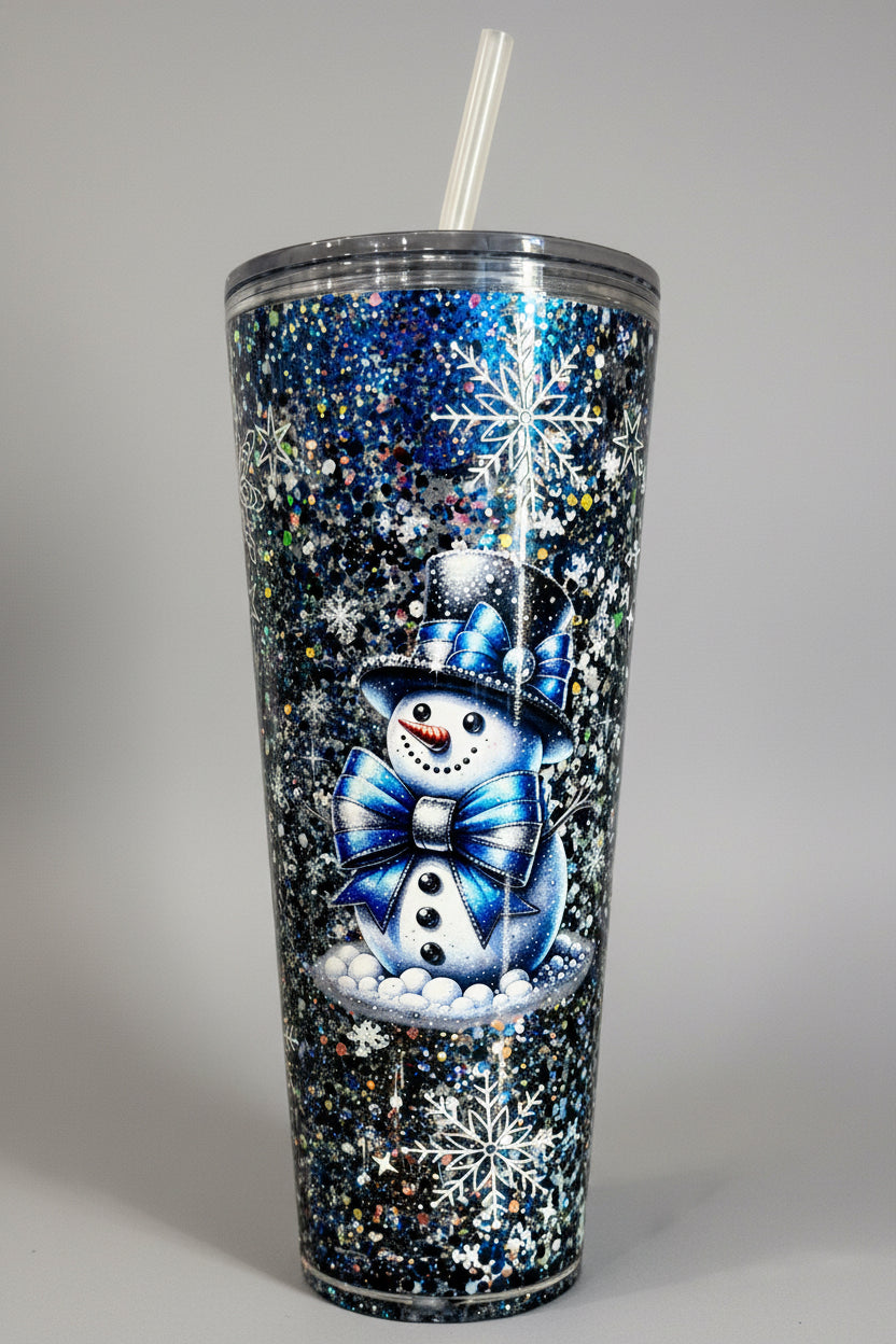 24oz Blue Snowman Acrylic Glitter Tumbler